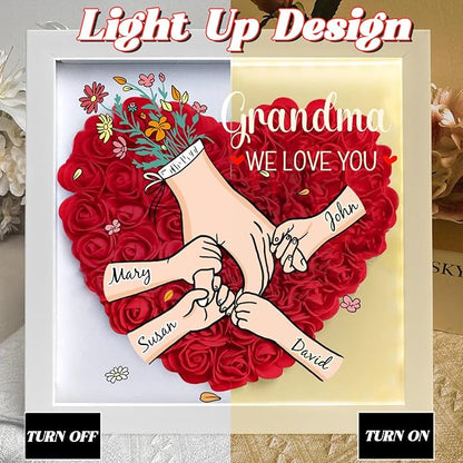 Personalized Mom Flower Shadow Box With LED Light Holding Hand Flower Shadow Box Light Up Frame With Kid's Name Mothers Day Gifts for MOM Grandma Family Birthday (Hand In Hand)