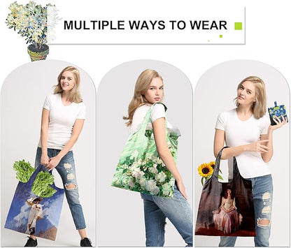 BeeGreen Oil Painting Reusable Grocery Bags 6 Pack, Heavy Duty Totes for Women, Foldable Grocery Bag Large Shopping Totes with Handles for Work, Travel, Gift, Polyester Washable Reusable Tote Bag