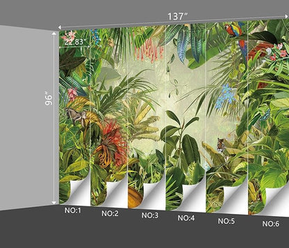 Tropical Botanical Animal Floral Bird Wallpaper Woodland Forest Tree Nursery Kids Bedroom Plant murals Living Room tv Background Large Wall Mural - 137"x96" Not Peel and Stick