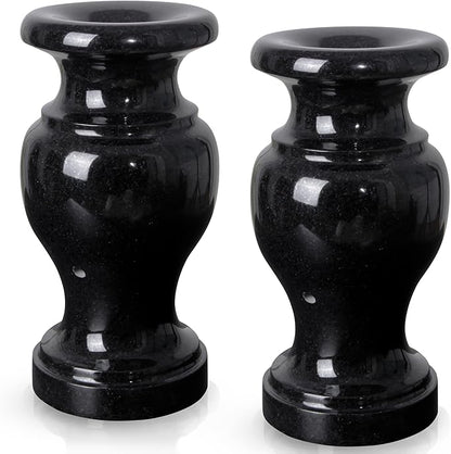Cemetery Vase, Turned Granite Vase Polished, Black Memorial Stone Vases with Draining Holes for Home Tabletop, Cemetery Flowers, Grave Headstone Decorations (2Pcs, Black)