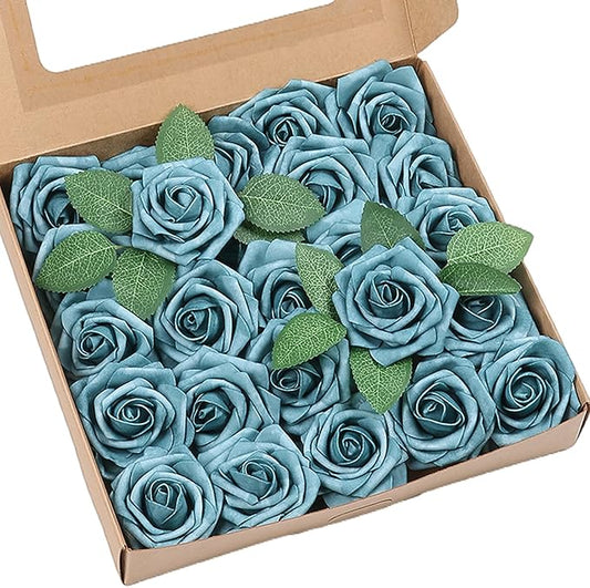 Meldel Artificial Flowers 25pcs Real Looking Dark Teal Foam Fake Roses with Stems for DIY Wedding Bouquets Bridal Shower Centerpieces Floral Arrangements Home Decorations Crafts Rose