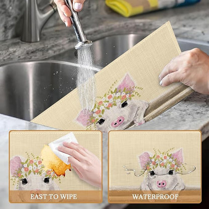Placemats Set of 6, Cute Little Pig with Floral Wreath Linen Place Mats,Modern Washable Table Placemats 12"x18" Heat Resistant Table Mats for Dining Kitchen Party Holiday Decoration