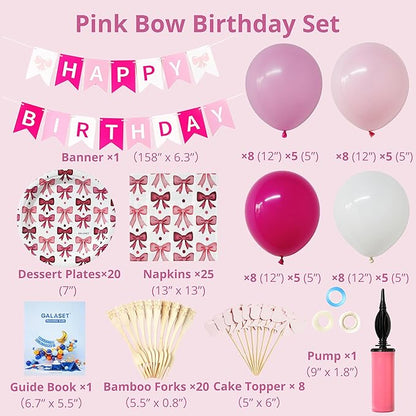 Pink Happy Birthday Decorations, Bow Coquette Birthday Decorations Includes Bow Plates, Napkins, Forks, Cupcake Toppers, Banner Balloons, and Pump Pink Decorations for Party, Serves 20