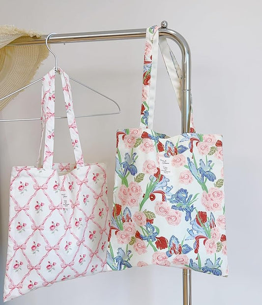Cotton Canvas Tote Bag Reusable Soft Grocery Cloth Bag Floral Shoulder Bag for Beach Travel Shopping