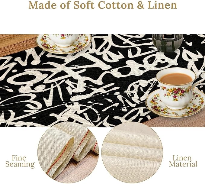 Graffiti Table Runner,Black White Abstract Messy Art Theme Pattern Print Tablecloth Burlap for Hotel Indoors Outdoor Dining Room Kitchen Home Decor,W13X L60 in