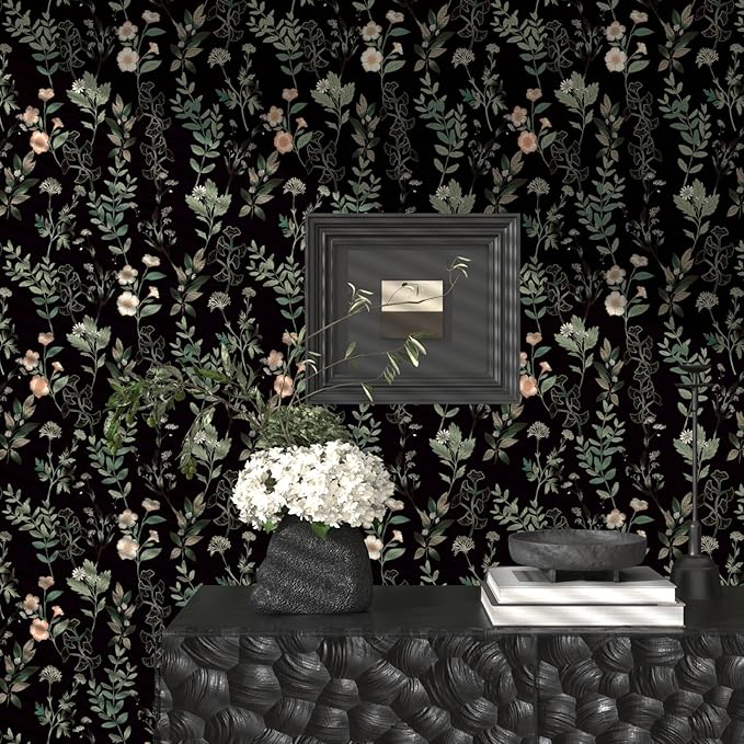 Black Green Floral Wallpaper 17.4" x 394", Dark Green Leaf Contact Paper Peel and Stick Wallpapers Waterproof Self-Adhesive Wall Covering for Bedroom Countertop Desk Cabinets Decor