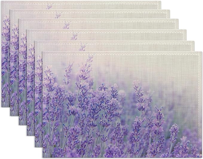 Purple Lavender Placemats Set of 6,Washable Heat Resistant 12×18 Inch Linen Table Mats Flower Weed Place Mats for Party Outdoor Dining Décor