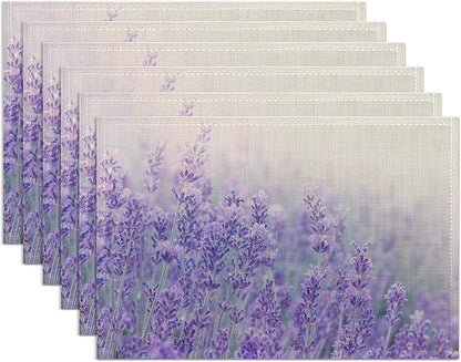Purple Lavender Placemats Set of 6,Washable Heat Resistant 12×18 Inch Linen Table Mats Flower Weed Place Mats for Party Outdoor Dining Décor