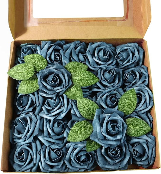 Meldel Artificial Flower Rose 25pcs Real Looking Blue Fake Foam Roses with Stems for DIY Wedding Bouquets Gifts Bridal Shower Faux Floral Centerpieces Arrangements Home Party Tables Decorations