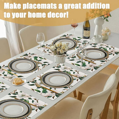 White Magnolia Flower Placemats Set of 6,Summer Flower Linen Place Mat Washable Stain Resistant Table Mats for Farmhouse Dining Party 12x18 Inch