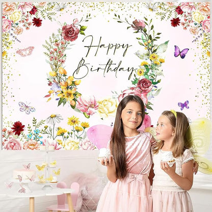 InMemory Spring Wildflower Backdrop Wild flower Birthday Decorations for Girl,Watercolor Butterfly Floral Happy Birthday Banner Background for Wildflower 1st Bday Party Supplies Photobooth Props 5x3ft