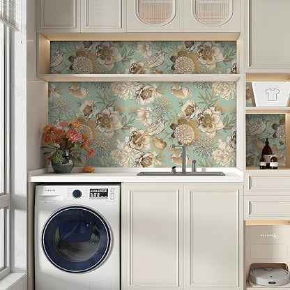 Decotalk Peel and Stick Floral Wallpaper Green Floral Flower Wallpaper Removable17.5x354 Inch Floral Wallpaper for Bedroom Bathroom Wall Green and Gold Vintage Floral Wallpaper Contact Paper Floral