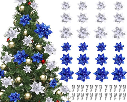 Geosar 24 Christmas Glitter Artificial Poinsettia Flowers Xmas Poinsettia Wedding Flowers Decorations Xmas Tree Ornaments with Clips for Party Favors, 6 Inch, 4 Inch, 3 Inch (Blue and Sliver)