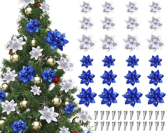 Geosar 24 Christmas Glitter Artificial Poinsettia Flowers Xmas Poinsettia Wedding Flowers Decorations Xmas Tree Ornaments with Clips for Party Favors, 6 Inch, 4 Inch, 3 Inch (Blue and Sliver)