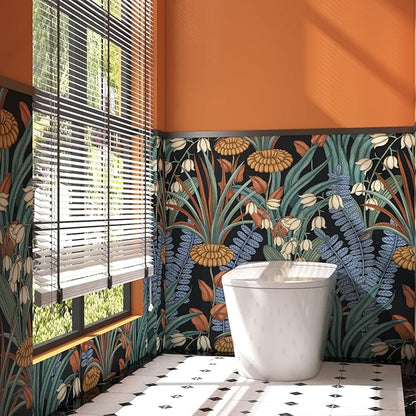 Boho Floral Peel and Stick Wallpaper Vintage Botanical Wallpaper, Self Adhesive Wall Mural 17.5" x 118" Tropical Rainforest Wall Paper for Bedroom Walls Cabinet (Black, Orange, Blue)