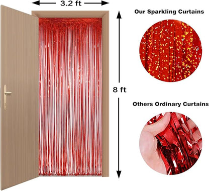 Melsan Red Tinsel Foil Fringe Curtains Backdrop, 3.2 ft x 8 ft Sparkle Tinsel Backdrop Streamers for Christmas Valentines Patriotic Birthday Party Decorations, 2 Packs