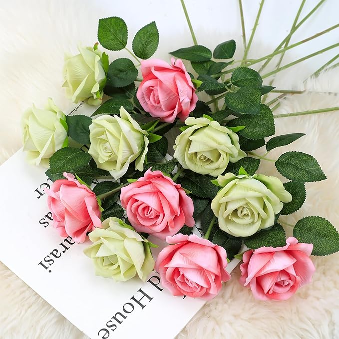 Hawesome Fake Roses Artificial Silk Flowers - 12 Pcs Pink Roses Artificial Faux Flowers with Stems for Home Wedding Centerpiece Hotel Office Decor
