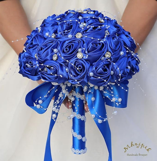 Bridal Wedding Bouquet Round Bling Brooch Bouquet Throw Toss Artificial Rose Flower Bunch for Bride Bridesmaid Wedding Quinceanera(Royal Blue, 9.8")