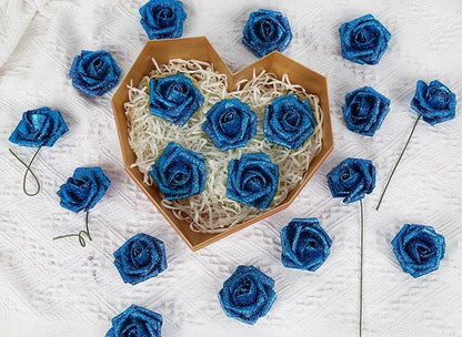 Blue Roses Artificial Flowers 30 PCS 2.17 in Glitter Roses Foam Flowers Glitter Flowers with Stem for DIY Wedding Bridal Bouquet Party Centerpieces Decor(Blue)