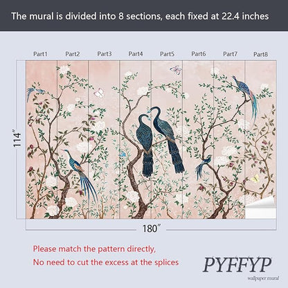 PYFFYP- Chinoiserie Pink Flowers and Bird Wallpaper Vintage Peacock murals for Living Room(Not Peel and Stick)