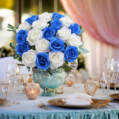 20PCS Artificial Roses with Long Stems - Realistic Silk Flowers, Fake Roses Real Touch Bouquet Roses for Home Decor, Bridal Wedding Table Centerpieces, Faux Rose Flowers (White&Royal Blue)