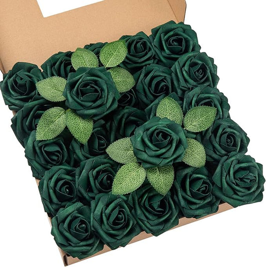 DuHouse 25Pcs Artificial Roses Flowers Fake Roses with Stems Real Touch Foam Flowers for DIY Wedding Bouquet Baby Shower Centerpiece Floral Arrangement Party Home Decor(Hunt Green)