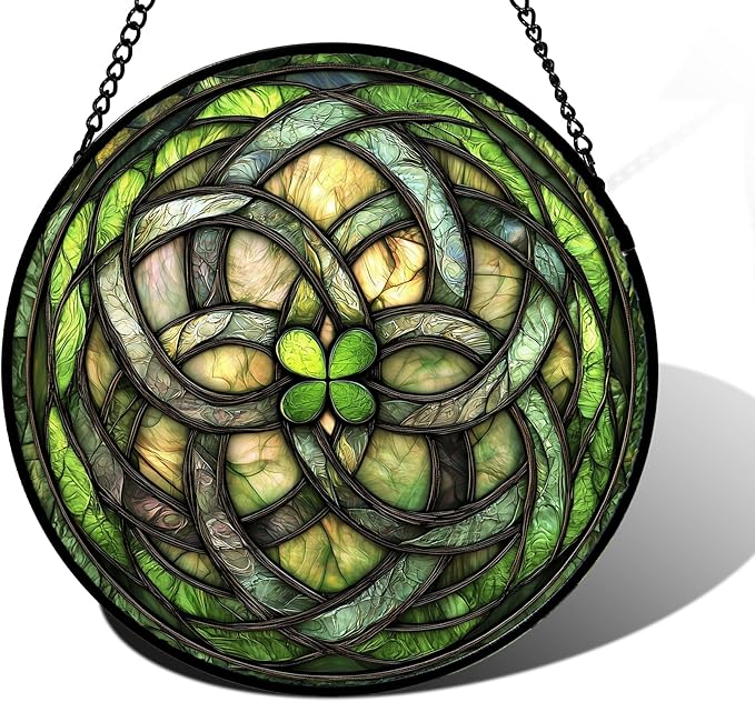 Stained Glass Window Hanging, Abstract Green Clover Sun Catchers Colorful Glass Panel Bless Suncatcher Decor for Birthday for Women, Men, Wife, Aunt, and Mom 11.8x11.8 in