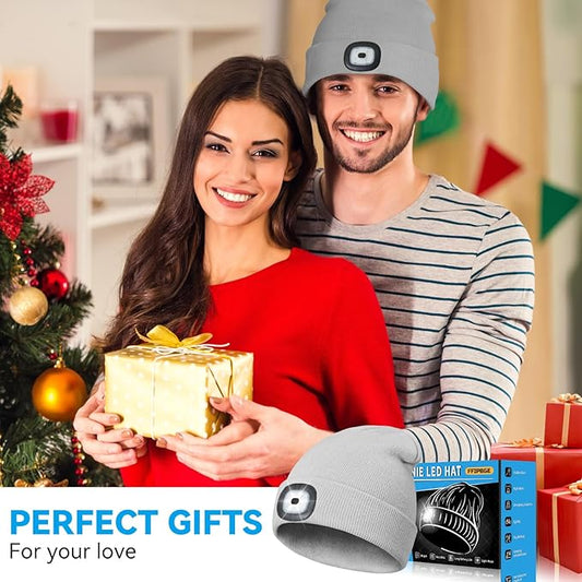 Christmas Stocking Stuffers for Men Adults, Beanie Hats with Light, USB Rechargeable LED Hand Free Headlamp, Birthday Gifts for Men, Women, and Teens, Ideal for Camping, Hiking, 2 Pack, Grey