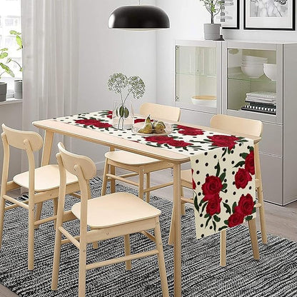 Red Rose Print Table Runner, Romantic Valentines Vintage Rose Spring Summer Dinner Runner Table Decoration for Home Kitchen Dining Holiday Wedding Party 13x120in