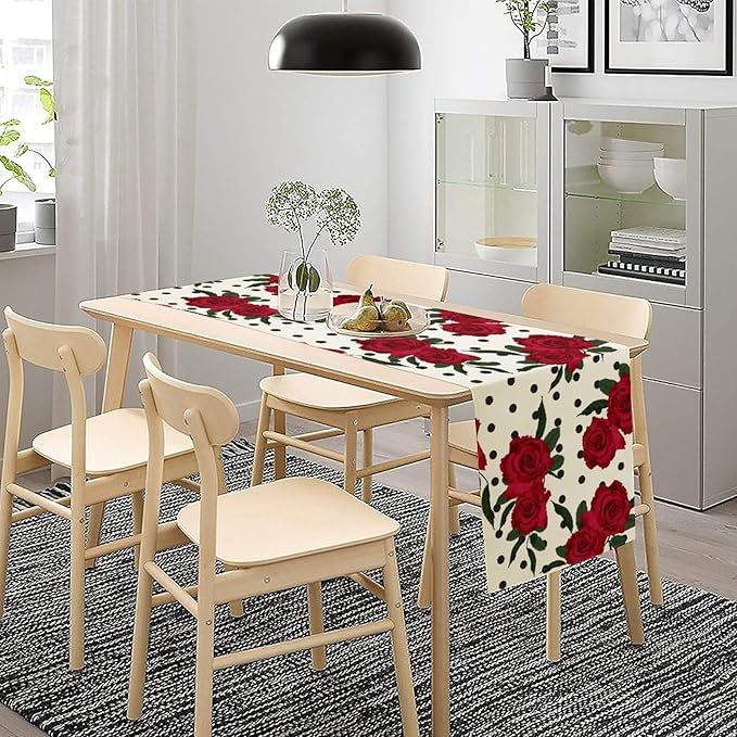 Red Rose Print Table Runner, Romantic Valentines Vintage Rose Spring Summer Dinner Runner Table Decoration for Home Kitchen Dining Holiday Wedding Party 13x90in