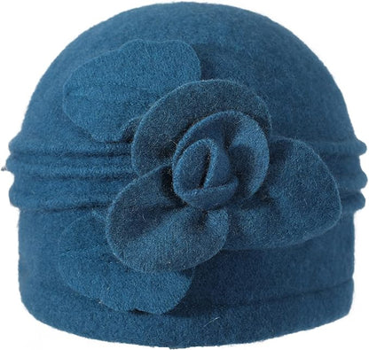 ZLYC Women Wool Cloche Bucket Hat 1920s Vintage Dress Winter Hats with Flower Accent