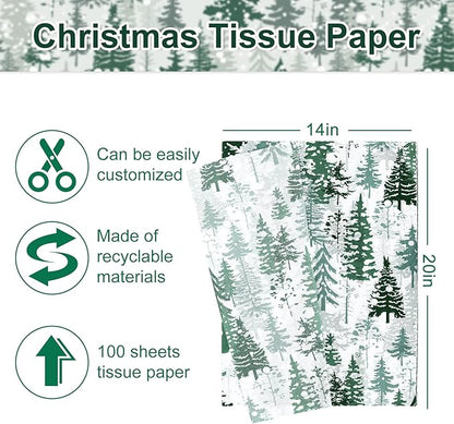 Whaline 100 Sheets Christmas Tree Tissue Paper Dark Green Folded Flat Woodland Tree Wrapping Paper Green Gift Wrapping Tissue Papers Rustic Art Crafts for Home DIY Gift Box Xmas Winter Decoration