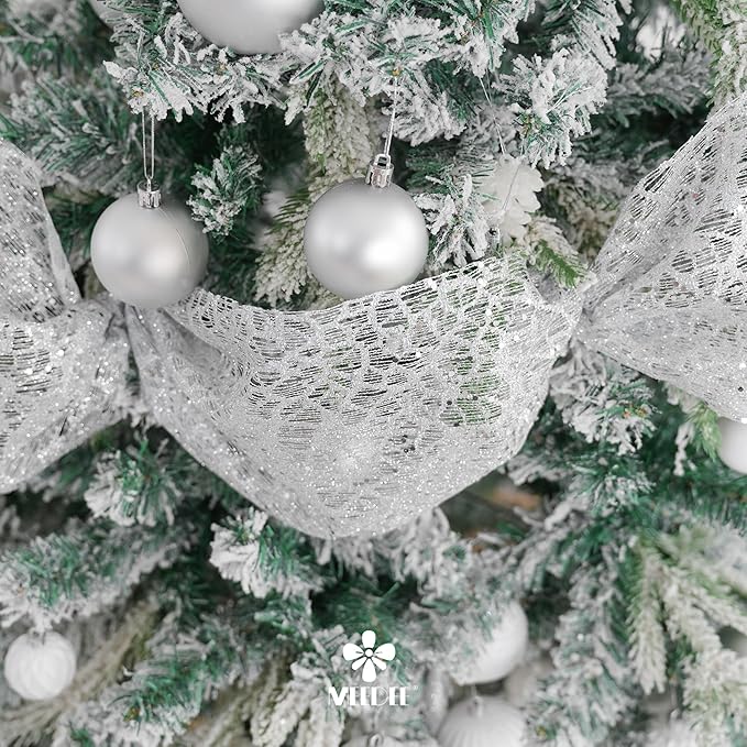 MEEDEE Silver Glitter Mesh Web Ribbon 10 Inch Wide by 10 Yards Roll Fabric Ribbon Silver Decorative Mesh Ribbon for Christmas Tree, Garland, Holiday Wreaths, Bows, Home Decor