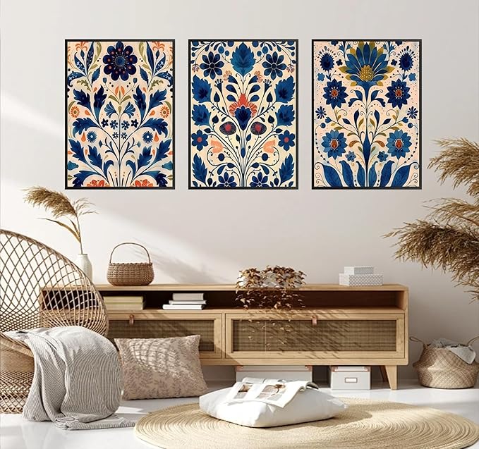 3 Pcs Blue Boho Flower Canvas Wall Art, Floral Painting Poster Wall Decor,Wildflower Botanical Picture for Wall Living Room Bathroom Bedroom Home Decoration 12 * 16 in (Poster no Framed)