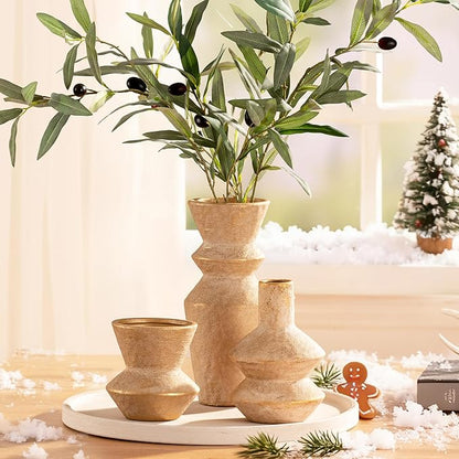 Ceramic Vase Home Table Decor - Gold Flower Vase Set of 3 Living Room Kitchen Decorations Farmhouse Modern Rustic Vases Decorative Centerpiece for Shelf Bedroom Office Bathroom Dining Coffee Desk