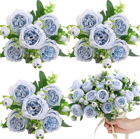 ASTRYAS Blue Artificial Flowers, 3PCS Fake Peony Flower Silk Peonies Faux Flowers Arrangements Table Centerpieces for Wedding Office Party Home Decoration Baby Shower(Light Blue)