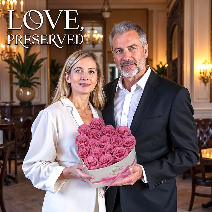 GLAMOUR BOUTIQUE Preserved Roses in a Box - Gifts for Her, Wife & Mom, Rose Flowers Forever Decor for Birthday Gift, Get Well Flower Bouquet Cased in White Box with Cover - Pink - 16-Piece