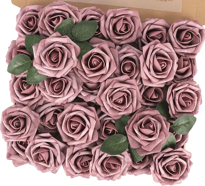 MACTING Artificial Rose Flowers 30PCS Real Touch Fake Flowers with Stem Soft Foam Roses for DIY Wedding Bouquets Table Centerpieces Baby Shower Party Spring Home Valentines Day Decor,Dusty Purple Pink