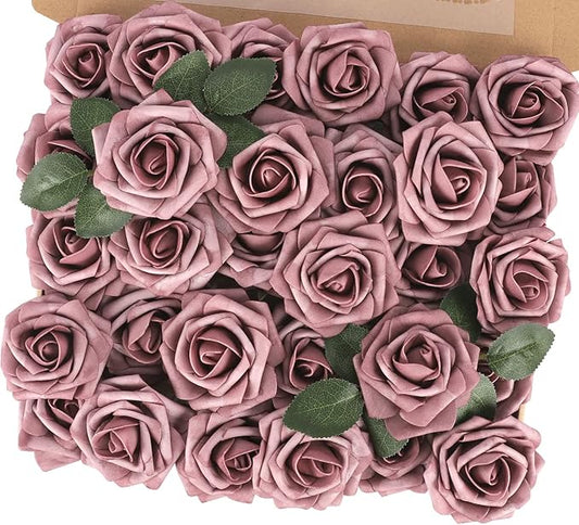 MACTING Artificial Rose Flowers 30PCS Real Touch Fake Flowers with Stem Soft Foam Roses for DIY Wedding Bouquets Table Centerpieces Baby Shower Party Spring Home Valentines Day Decor,Dusty Purple Pink