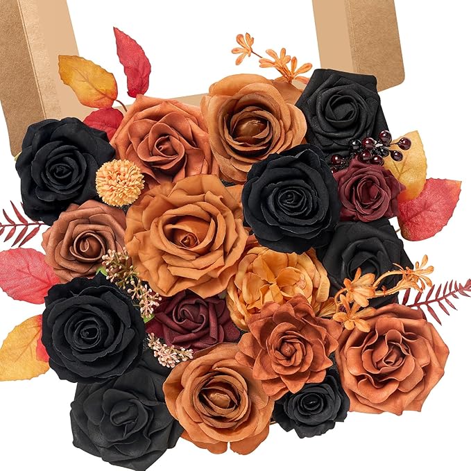 Serwalin Artificial Orange & Black Flowers, Silk Fake Flowers, Autumn Faux Flowers for Wedding Bouquet, Table Centerpieces, Home Decor