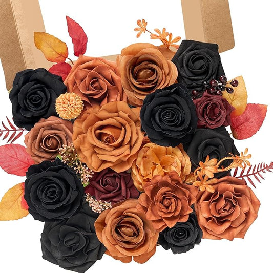 Serwalin Artificial Orange & Black Flowers, Silk Fake Flowers, Autumn Faux Flowers for Wedding Bouquet, Table Centerpieces, Home Decor