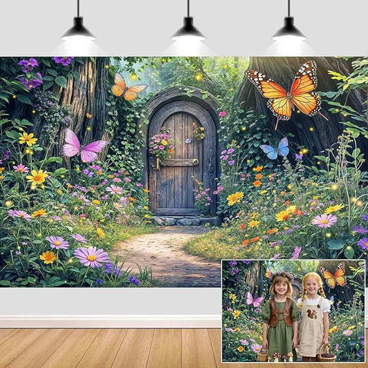 15X10ft Enchanted Forest Backdrop Fairy Enchanted Wonderland Garden Wooden Door Floral Butterfly Photography Background for Kids Girls Baby Shower Birthday Party Decoration Banner Booth Props