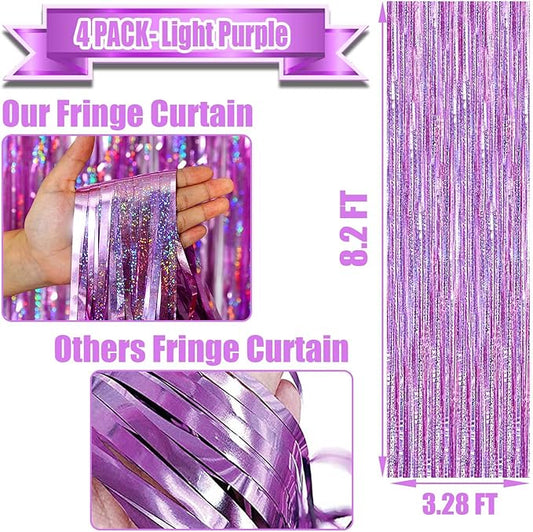 4 Pack Light Purple Tinsel Foil Fringe Curtain Backdrop, 3.28Ft x 8.2Ft Metallic Streamers for Photo Booth Wedding Bridal Shower Bachelorette Birthday Halloween Christmas Party Decoration