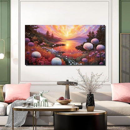 Sunset Panoramic Canvas Wall Art, Purple Floral Meadow & Green Tree Landscape with Gold Accents Picture for Living Room Bedroom Wall Decor, Print Painting Artwork Decoration, Large Size 58x29 Inches