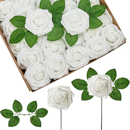 InnoGear Artificial Flowers, 100 Pcs White Foam Fake Roses Bulk with Stems for Decoration DIY Wedding Bouquets Centerpieces Bridal Shower Party Christmas Tree