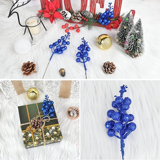Lvydec 16pcs Christmas Glitter Berry Stems, 7.8" Artificial Christmas Picks for Christmas Tree Ornaments, DIY Xmas Wreath, Crafts, Holiday and Home Decor (Dark Blue)