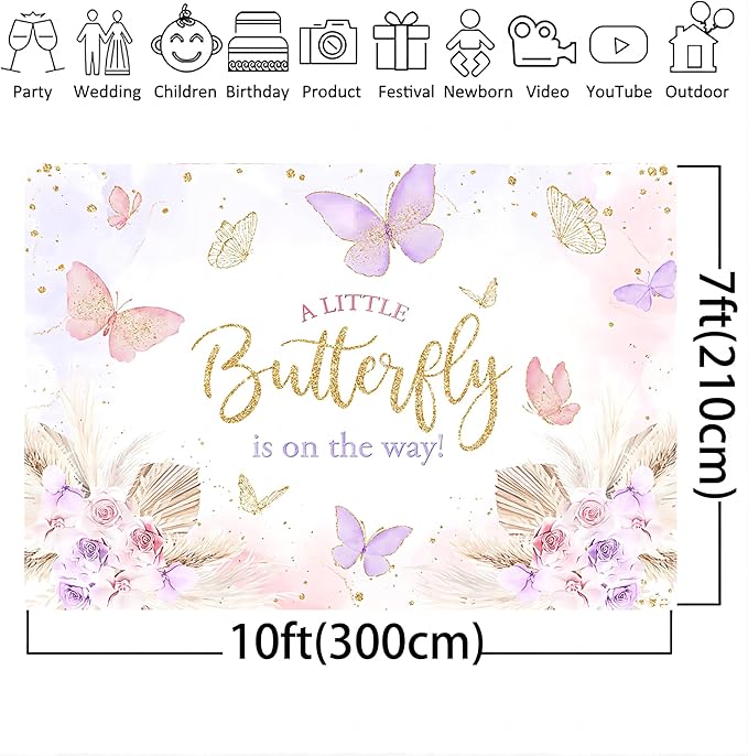 Mocsicka Butterfly Baby Shower Backdrop for Girl's A Little Butterfly is on The Way Pink Florals Flowers Photography Background Princess Girl Party Decoration Photography Props (10x7ft, Gold)