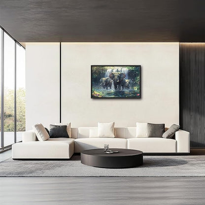 Large Elephant Wall Art for Living Room, Framed Oversized Forest Waterfall Wall Decor, Nature Landscape Canvas Painting Wildlife Artwork for Living Room Dining Room Bathroom Bedroom Office 36"x24"
