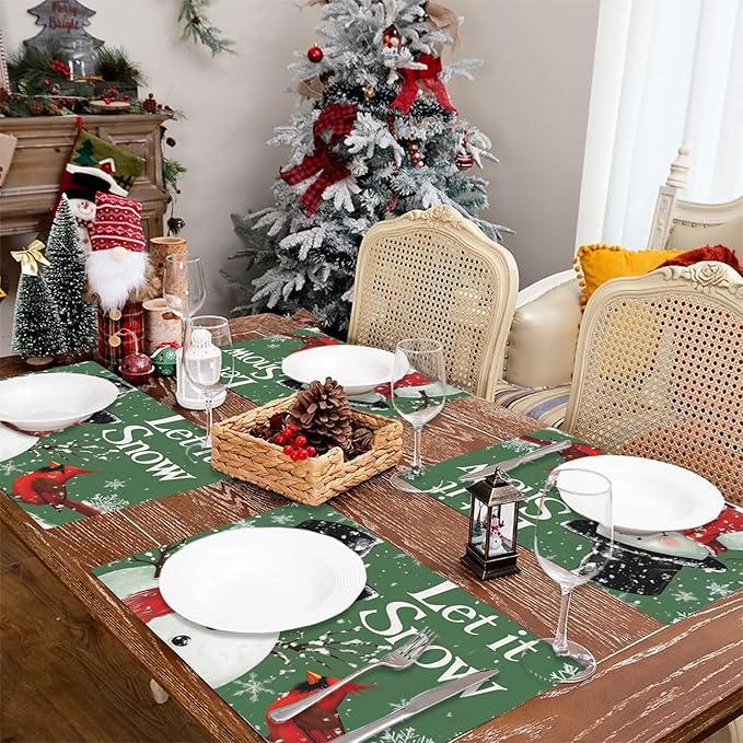 Let It Snow Placemats Set of 4,Christmas Snowman Placemats for Dining Table,Heat Resistant Stain Resistant Wipeable Table Mats for Kitchen Dining Holiday Party Home Decor,12x18 Inch