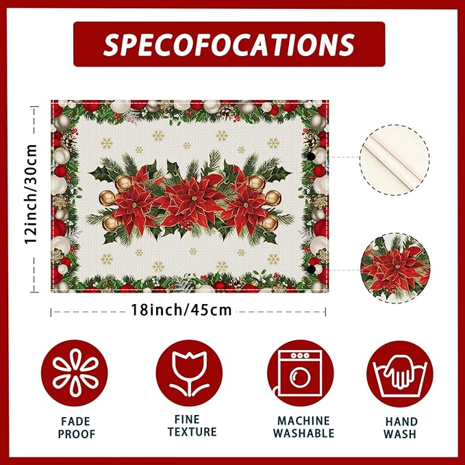 XCHI Christmas Poinsettias Leaves Bells Snowflakes Winter Xmas Placemats Set of 4 Table Mats for Party Home Kitchen Dining Table Decorations 12x18 Inch